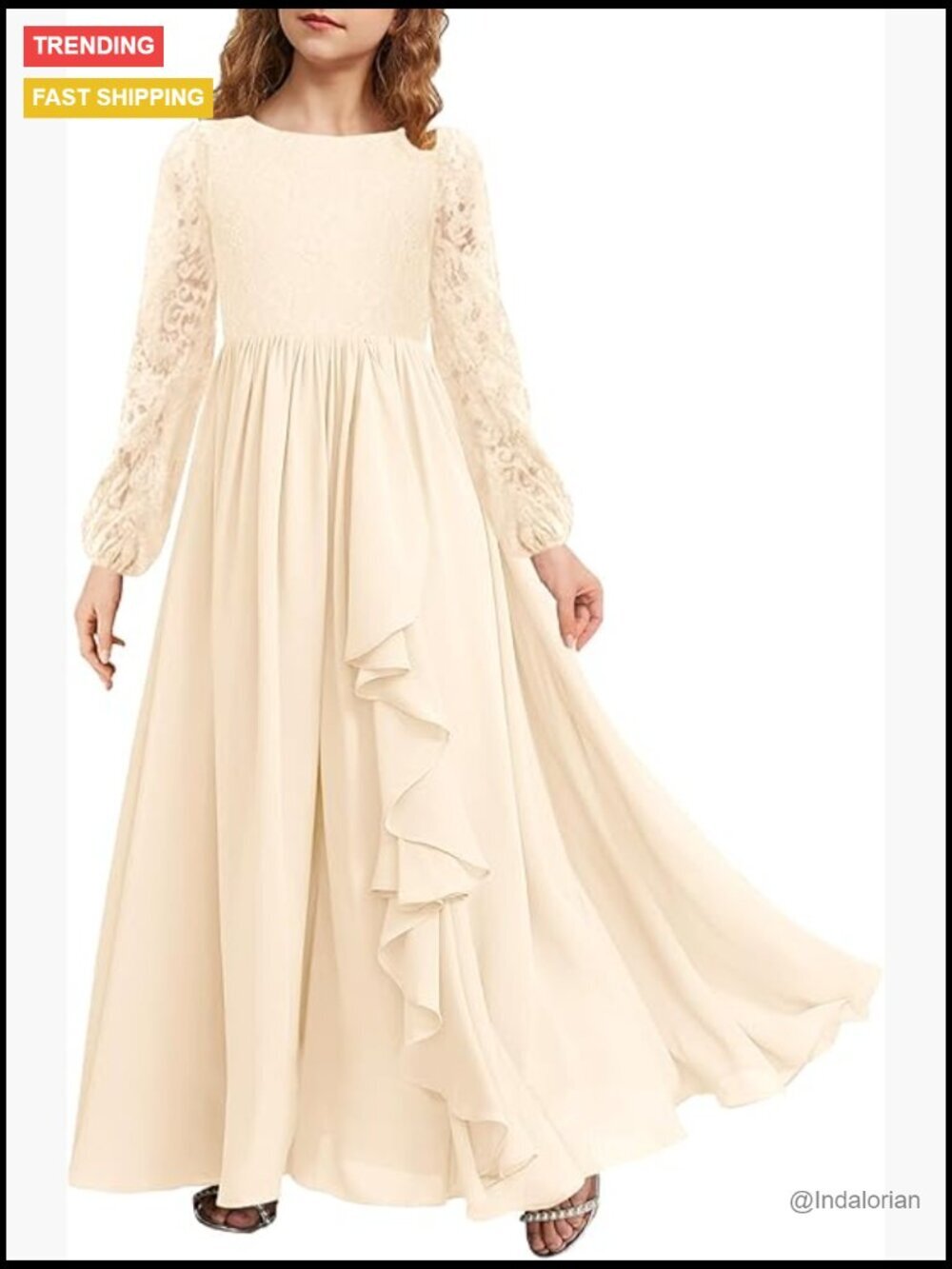 Girls Long Sleeve Maxi Dress Vintage A-Line Chiffon Ruffle Flowy Lace Flower